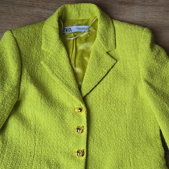 ZARA LIME TWEED BOUCLE YELLOW JACKET BLAZER SIZE M - Picture 5 of 12
